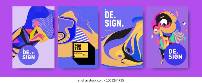Abstract colorful collage poster design template. Cool geometric and fluid cover design. Blue, yellow, red, orange, pink and green. Vector banner poster template in Eps10.