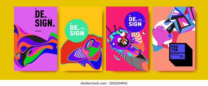 Abstract colorful collage poster design template. Cool geometric and fluid cover design. Blue, yellow, red, orange, pink and green. Vector banner poster template in Eps10.