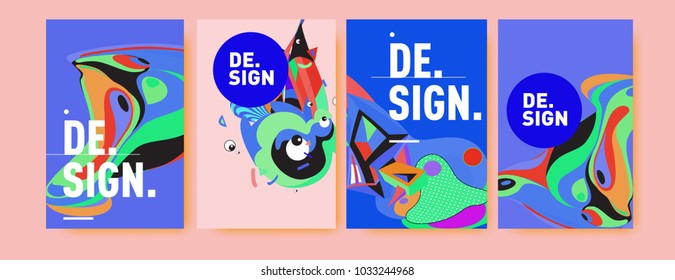 Abstract colorful collage poster design template. Cool geometric and fluid cover design. Blue, yellow, red, orange, pink and green. Vector banner poster template in Eps10.