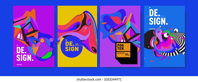 Abstract colorful collage poster design template. Cool geometric and fluid cover design. Blue, yellow, red, orange, pink and green. Vector banner poster template in Eps10.