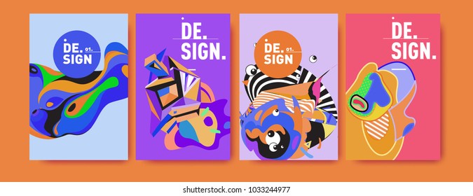 Abstract colorful collage poster design template. Cool geometric and fluid cover design. Blue, yellow, red, orange, pink and green. Vector banner poster template in Eps10.