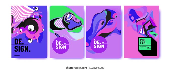 Abstract colorful collage poster design template. Cool geometric and fluid cover design. Blue, yellow, red, orange, pink and green. Vector banner poster template in Eps10.