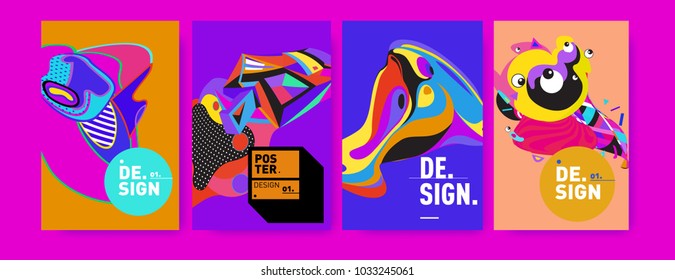 Abstract colorful collage poster design template. Cool geometric and fluid cover design. Blue, yellow, red, orange, pink and green. Vector banner poster template in Eps10.