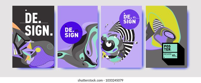 Abstract colorful collage poster design template. Cool geometric and fluid cover design. Blue, yellow, red, orange, pink and green. Vector banner poster template in Eps10.