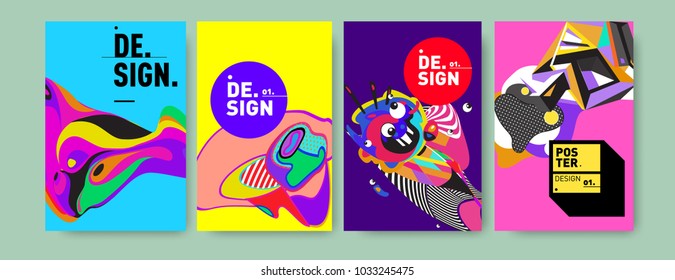 Abstract colorful collage poster design template. Cool geometric and fluid cover design. Blue, yellow, red, orange, pink and green. Vector banner poster template in Eps10.