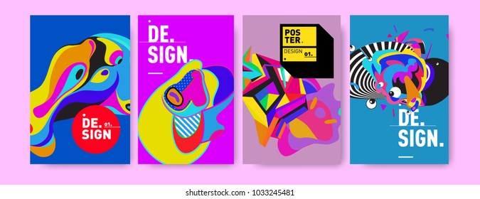 Abstract colorful collage poster design template. Cool geometric and fluid cover design. Blue, yellow, red, orange, pink and green. Vector banner poster template in Eps10.