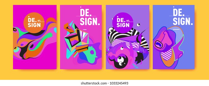 Abstract colorful collage poster design template. Cool geometric and fluid cover design. Blue, yellow, red, orange, pink and green. Vector banner poster template in Eps10.