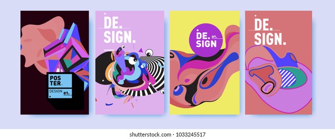 Abstract colorful collage poster design template. Cool geometric and fluid cover design. Blue, yellow, red, orange, pink and green. Vector banner poster template in Eps10.