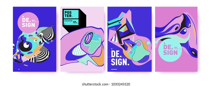 Abstract colorful collage poster design template. Cool geometric and fluid cover design. Blue, yellow, red, orange, pink and green. Vector banner poster template in Eps10.