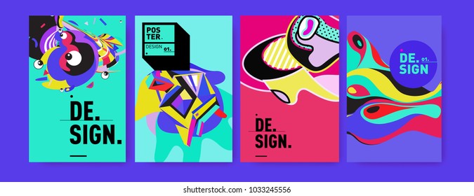 Abstract colorful collage poster design template. Cool geometric and fluid cover design. Blue, yellow, red, orange, pink and green. Vector banner poster template in Eps10.