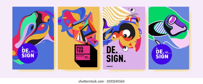 Abstract colorful collage poster design template. Cool geometric and fluid cover design. Blue, yellow, red, orange, pink and green. Vector banner poster template in Eps10.