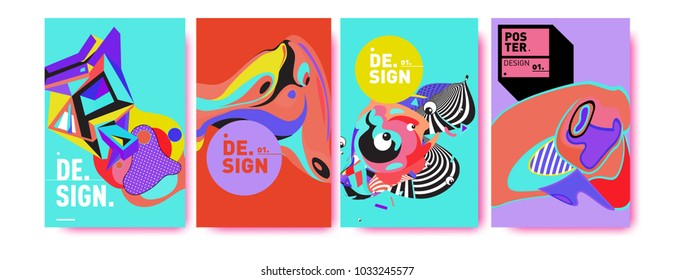 Abstract colorful collage poster design template. Cool geometric and fluid cover design. Blue, yellow, red, orange, pink and green. Vector banner poster template in Eps10.