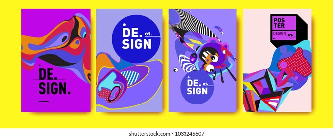 Abstract colorful collage poster design template. Cool geometric and fluid cover design. Blue, yellow, red, orange, pink and green. Vector banner poster template in Eps10.