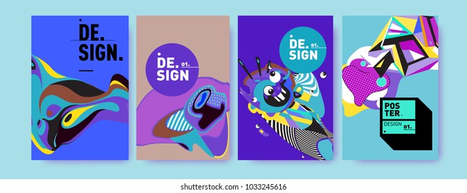 Abstract colorful collage poster design template. Cool geometric and fluid cover design. Blue, yellow, red, orange, pink and green. Vector banner poster template in Eps10.