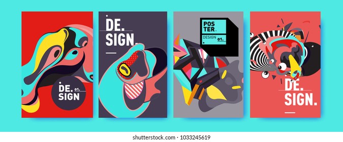Abstract colorful collage poster design template. Cool geometric and fluid cover design. Blue, yellow, red, orange, pink and green. Vector banner poster template in Eps10.