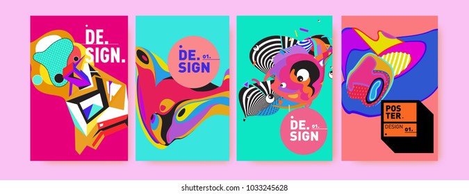 Abstract colorful collage poster design template. Cool geometric and fluid cover design. Blue, yellow, red, orange, pink and green. Vector banner poster template in Eps10.
