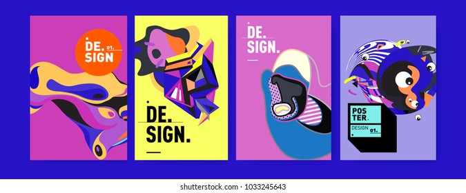 Abstract colorful collage poster design template. Cool geometric and fluid cover design. Blue, yellow, red, orange, pink and green. Vector banner poster template in Eps10.