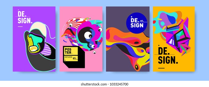 Abstract colorful collage poster design template. Cool geometric and fluid cover design. Blue, yellow, red, orange, pink and green. Vector banner poster template in Eps10.