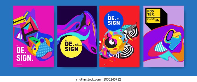 Abstract colorful collage poster design template. Cool geometric and fluid cover design. Blue, yellow, red, orange, pink and green. Vector banner poster template in Eps10.