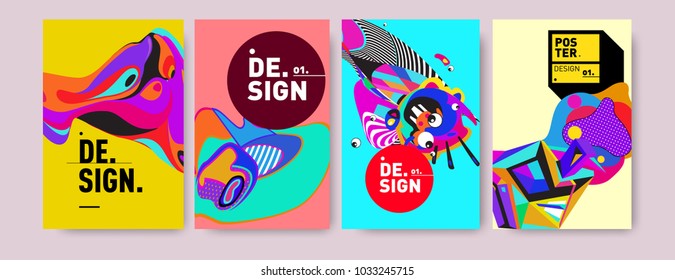 Abstract colorful collage poster design template. Cool geometric and fluid cover design. Blue, yellow, red, orange, pink and green. Vector banner poster template in Eps10.