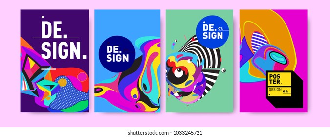 Abstract colorful collage poster design template. Cool geometric and fluid cover design. Blue, yellow, red, orange, pink and green. Vector banner poster template in Eps10.