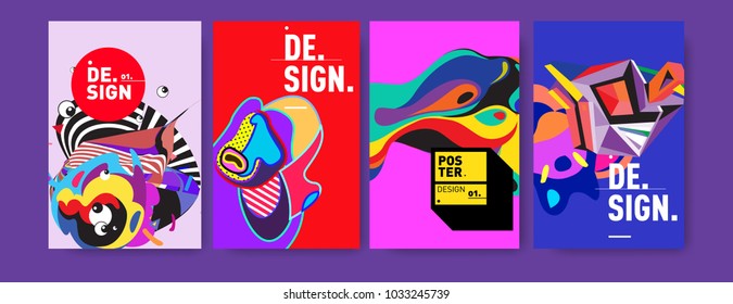 Abstract colorful collage poster design template. Cool geometric and fluid cover design. Blue, yellow, red, orange, pink and green. Vector banner poster template in Eps10.
