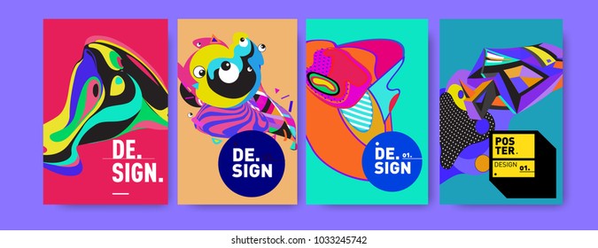 Abstract colorful collage poster design template. Cool geometric and fluid cover design. Blue, yellow, red, orange, pink and green. Vector banner poster template in Eps10.