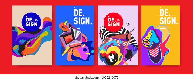 Abstract colorful collage poster design template. Cool geometric and fluid cover design. Blue, yellow, red, orange, pink and green. Vector banner poster template in Eps10.
