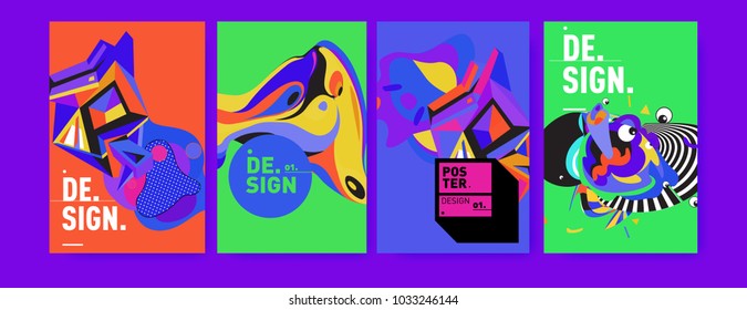 Abstract colorful collage poster design template. Cool geometric and fluid cover design. Blue, yellow, red, orange, pink and green. Vector banner poster template in Eps10.