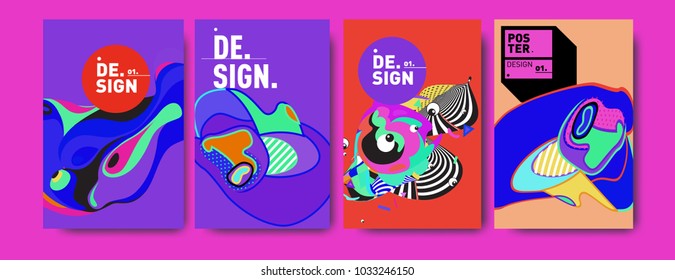 Abstract colorful collage poster design template. Cool geometric and fluid cover design. Blue, yellow, red, orange, pink and green. Vector banner poster template in Eps10.