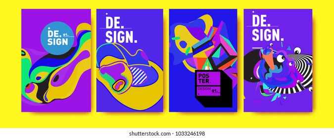 Abstract colorful collage poster design template. Cool geometric and fluid cover design. Blue, yellow, red, orange, pink and green. Vector banner poster template in Eps10.