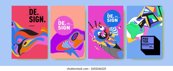 Abstract colorful collage poster design template. Cool geometric and fluid cover design. Blue, yellow, red, orange, pink and green. Vector banner poster template in Eps10.
