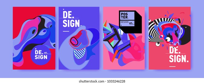 Abstract colorful collage poster design template. Cool geometric and fluid cover design. Blue, yellow, red, orange, pink and green. Vector banner poster template in Eps10.
