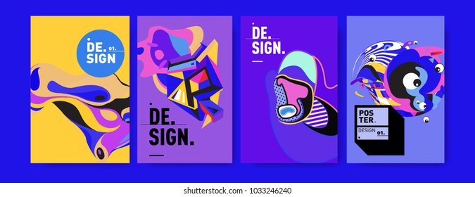 Abstract colorful collage poster design template. Cool geometric and fluid cover design. Blue, yellow, red, orange, pink and green. Vector banner poster template in Eps10.