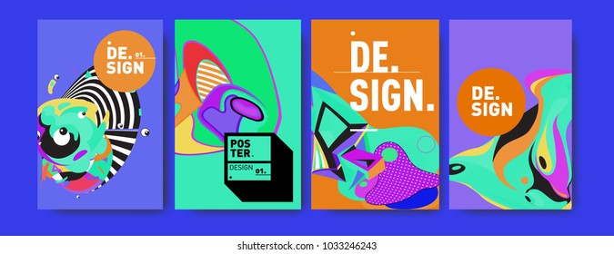 Abstract colorful collage poster design template. Cool geometric and fluid cover design. Blue, yellow, red, orange, pink and green. Vector banner poster template in Eps10.