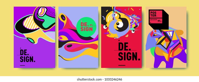 Abstract colorful collage poster design template. Cool geometric and fluid cover design. Blue, yellow, red, orange, pink and green. Vector banner poster template in Eps10.