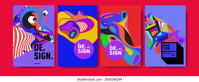 Abstract colorful collage poster design template. Cool geometric and fluid cover design. Blue, yellow, red, orange, pink and green. Vector banner poster template in Eps10.