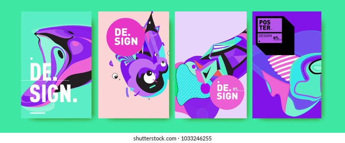 Abstract colorful collage poster design template. Cool geometric and fluid cover design. Blue, yellow, red, orange, pink and green. Vector banner poster template in Eps10.
