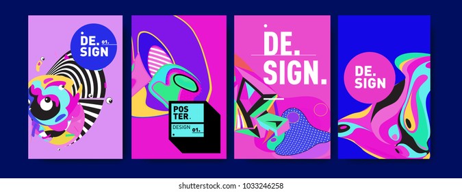 Abstract colorful collage poster design template. Cool geometric and fluid cover design. Blue, yellow, red, orange, pink and green. Vector banner poster template in Eps10.