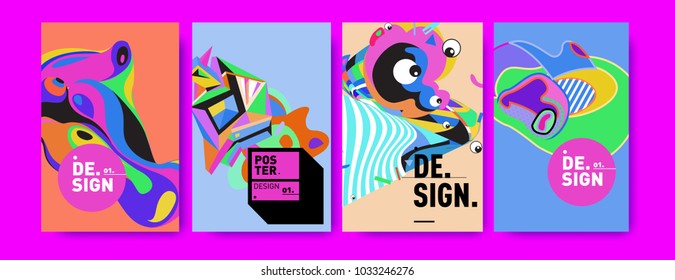 Abstract colorful collage poster design template. Cool geometric and fluid cover design. Blue, yellow, red, orange, pink and green. Vector banner poster template in Eps10.