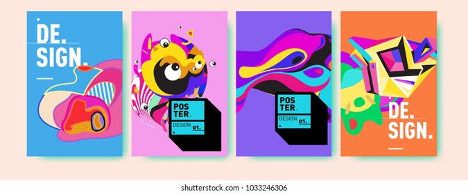 Abstract colorful collage poster design template. Cool geometric and fluid cover design. Blue, yellow, red, orange, pink and green. Vector banner poster template in Eps10.