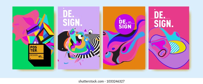 Abstract colorful collage poster design template. Cool geometric and fluid cover design. Blue, yellow, red, orange, pink and green. Vector banner poster template in Eps10.