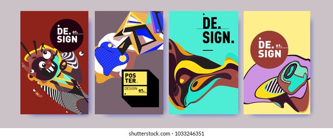 Abstract colorful collage poster design template. Cool geometric and fluid cover design. Blue, yellow, red, orange, pink and green. Vector banner poster template in Eps10.