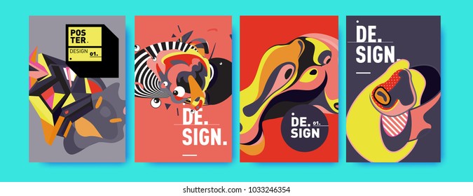 Abstract colorful collage poster design template. Cool geometric and fluid cover design. Blue, yellow, red, orange, pink and green. Vector banner poster template in Eps10.