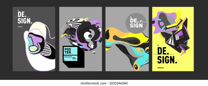 Abstract colorful collage poster design template. Cool geometric and fluid cover design. Blue, yellow, red, orange, pink and green. Vector banner poster template in Eps10.