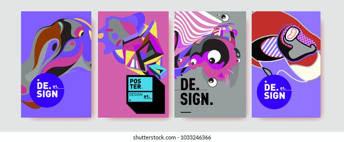 Abstract colorful collage poster design template. Cool geometric and fluid cover design. Blue, yellow, red, orange, pink and green. Vector banner poster template in Eps10.