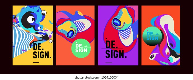 Abstract colorful collage poster design template. Cool geometric and fluid cover design. Blue, yellow, red, orange, pink and green. Vector banner poster template in Eps10.