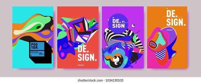 Abstract colorful collage poster design template. Cool geometric and fluid cover design. Blue, yellow, red, orange, pink and green. Vector banner poster template in Eps10.