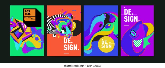 Abstract colorful collage poster design template. Cool geometric and fluid cover design. Blue, yellow, red, orange, pink and green. Vector banner poster template in Eps10.