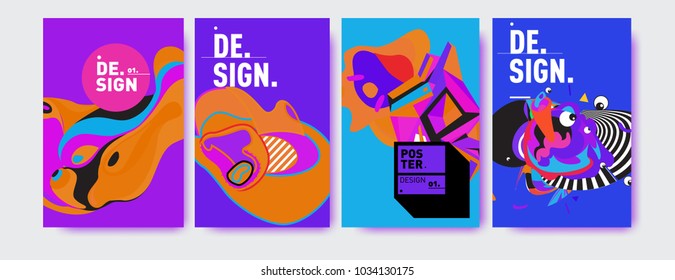 Abstract colorful collage poster design template. Cool geometric and fluid cover design. Blue, yellow, red, orange, pink and green. Vector banner poster template in Eps10.